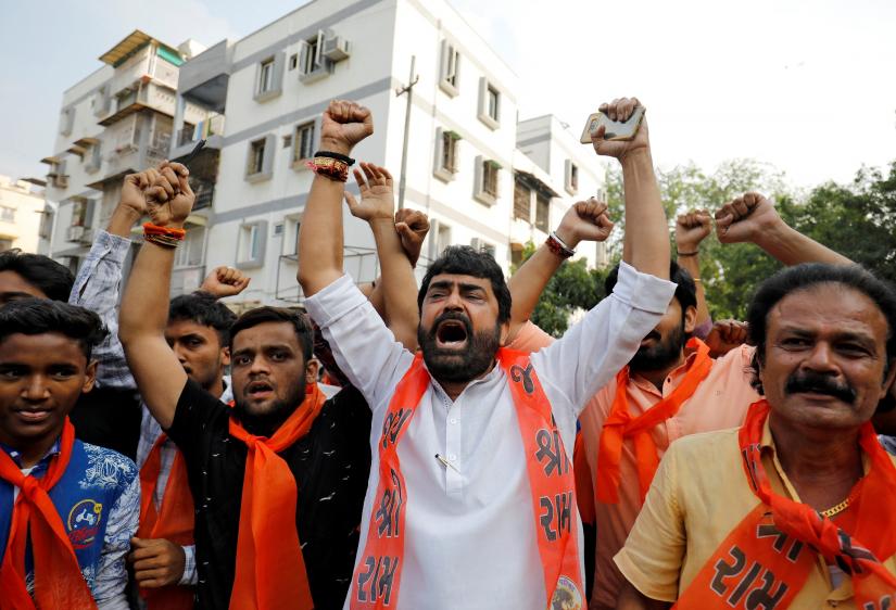 Supporters of the Vishva Hindu Parishad (VHP), a Hindu nationalist organisation, shout slogans during celebrations after Supreme Court`s verdict on a disputed religious site in Ayodhya, in Ahmedabad, India, November 9, 2019. REUTERS