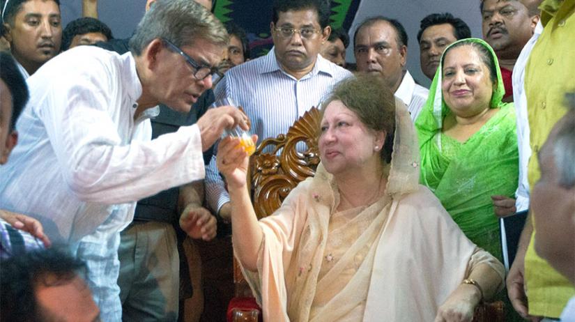 This May 2014 picture shows BNP Chairperson Khaleda Zia, now in jail, and Secretary General Mirza Fakhrul Islam Alamgir at a programme in Dhaka. MAHMUD HOSSAIN OPU/File Photo