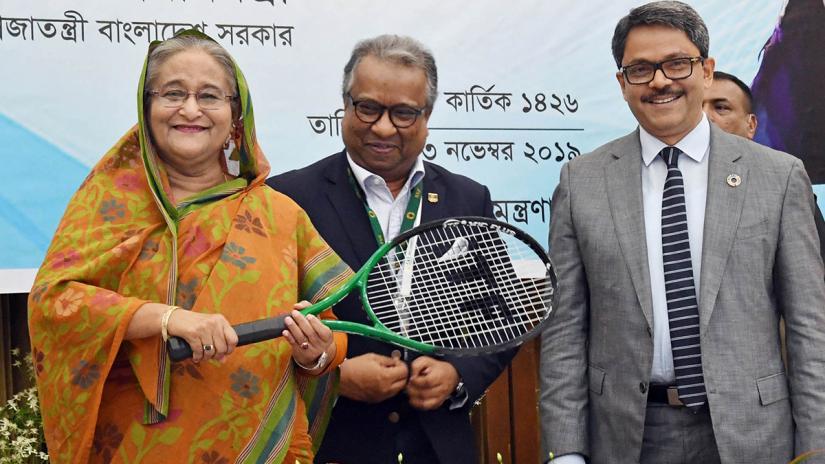 Prime Minister Sheikh Hasina opened the Sheikh Russell International Club Cup Tennis Tournament through a video conferencing at her official Ganabhaban residence on Wednesday (Nov 13). PHOTO: Focus Bangla