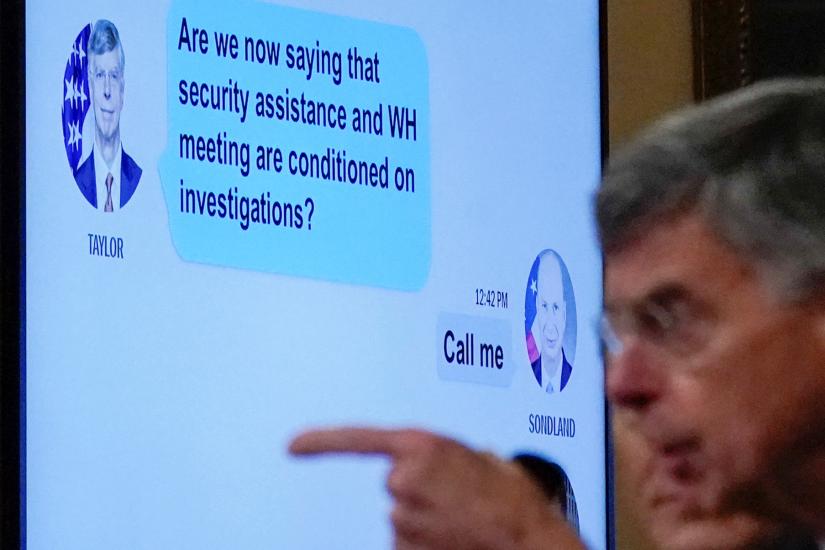  A text exchange between Ambassador Bill Taylor, charge d'affaires at the U.S. embassy in Ukraine, and U.S. Ambassador to the E.U. Gordon Sondland shows on a screen as Taylor (R) testifies before a House Intelligence Committee hearing as part of the impeachment inquiry into U.S. President Trump on Capitol Hill in Washington, U.S., November 13, 2019. REUTERS