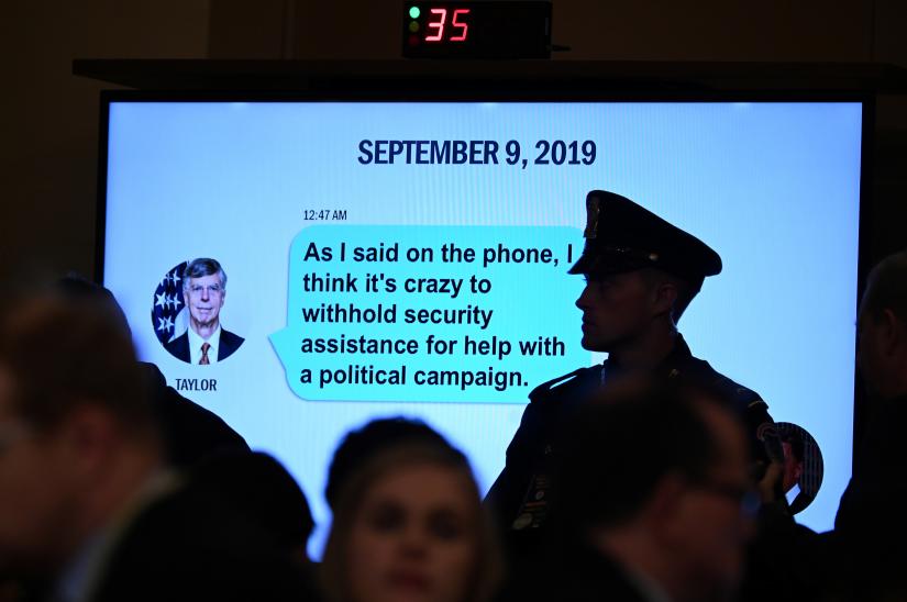   A text message is displayed at a House Intelligence Committee hearing as part of the impeachment inquiry into U.S. President Donald Trump on Capitol Hill in Washington, U.S., November 13, 2019. REUTERS