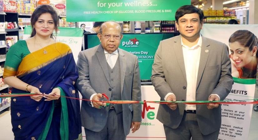 President of Diabetic Association of Bangladesh Professor AK Azad Khan (m) inaugurates the event while Founder of Pulse Rubaba Dowla (l), and Executive Director of ACI Logistics Limited (Shwapno) Sabbir Hasan Nasir (r) are seen in this photo.