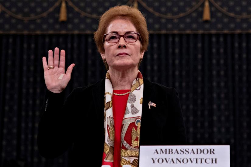 Marie Yovanovitch, former U.S. ambassador to Ukraine, is sworn in to testify before a House Intelligence Committee hearing as part of the impeachment inquiry into U.S. President Donald Trump on Capitol Hill in Washington, U.S., November 15, 2019. Pool via REUTERS