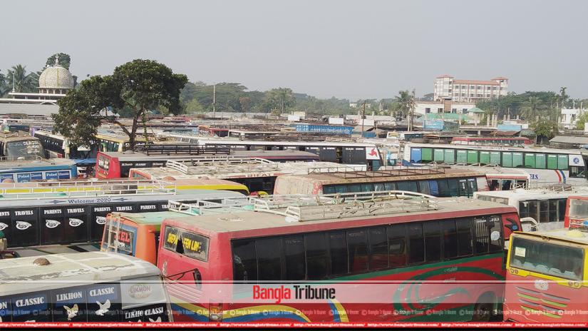 Rows of buses parked at a bus stand in Khulna on Monday (Nov 18).