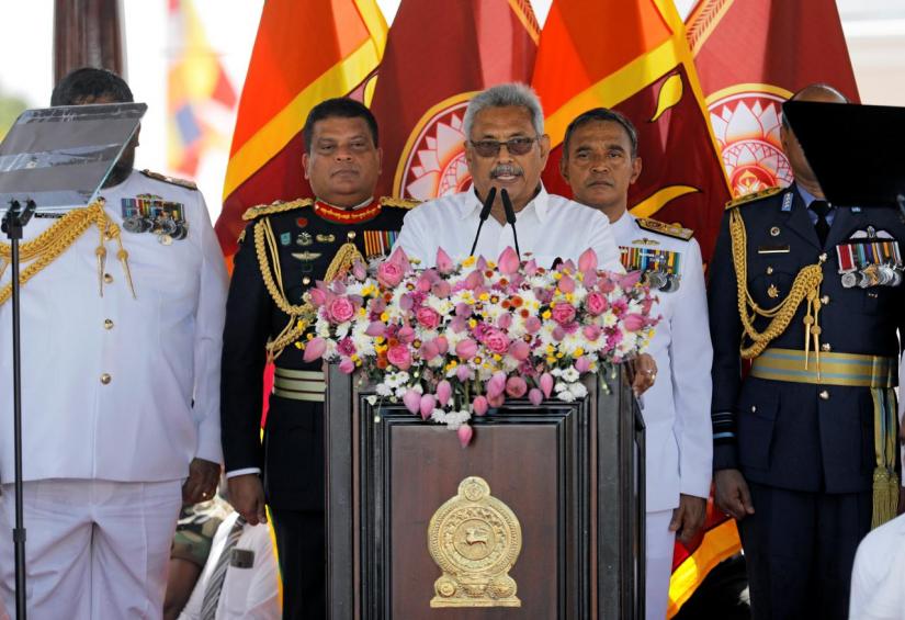 Sri Lanka`s President-elect Gotabaya Rajapaksa addresses the nation, at the presidential swearing-in ceremony in Anuradhapura, Sri Lanka Nov 18, 2019. REUTERS