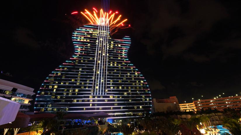 An LED light show was part of the Hollywood Hard Rock Hotel`s grand opening celebration.