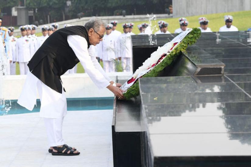 President Abdul Hamid pays tribute to the martyred members of Army, Navy and Air Forces, of Liberation War, on the occasion of Armed Forces Day, at Shikha Anirban, Dhaka Cantonment, on Thursday, Nov 21, 2019.BSS