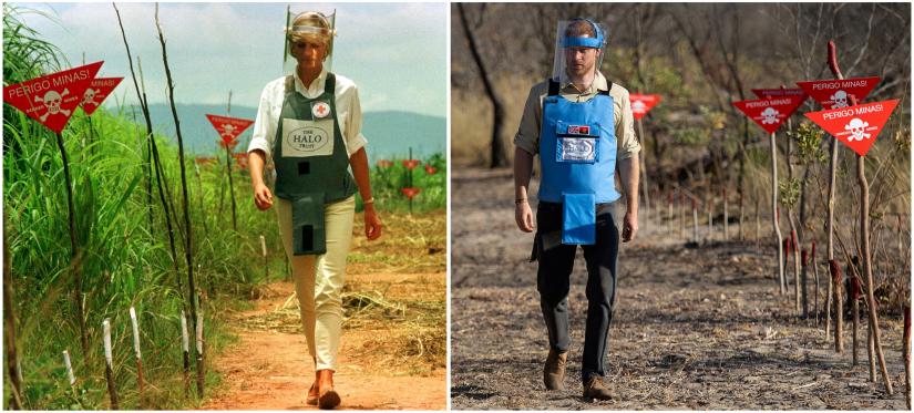 Combo picture shows Diana, Princess of Wales walking in one of the safety corridors of the land mine fields of Huambo, Angola January 15, 1997 REUTERS and Britain’s Prince Harry, Duke of Sussex, visiting a working de-mining field in Dirico, Angola September 27, 2019. Pool via REUTERS