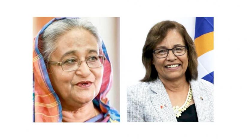 The combination of file photos show Prime Minister Sheikh Hasina (L) and President of the Republic of the Marshall Islands Hilda C Heine.