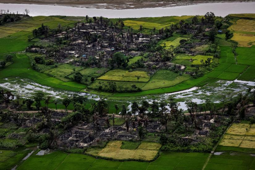 The remains of a burned Rohingya village is seen in this aerial photograph near Maungdaw, north of Rakhine State, Myanmar September 27, 2017. REUTERS