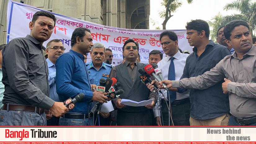 Dhaka South mayor Sayeed Khokon in the the inauguration of water-spraying operation to control road dust on Sunday (Dec 1)