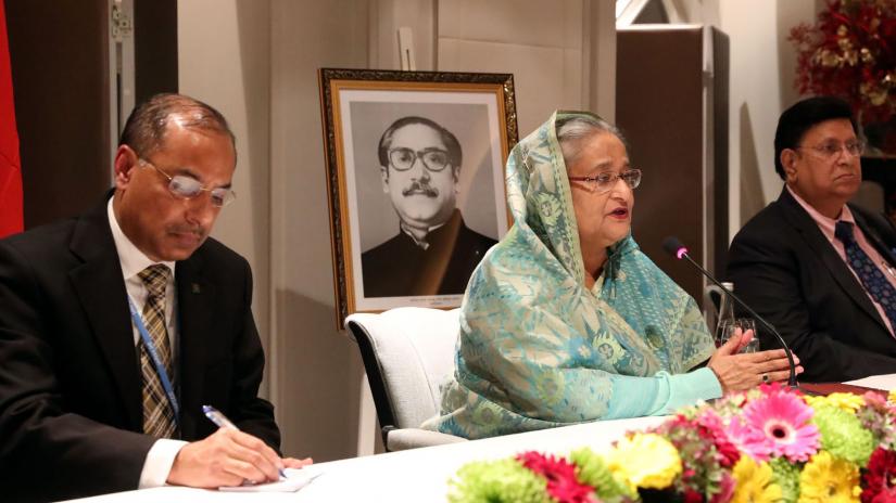 Prime Minister Sheikh Hasina addressing a reception accorded to her by Bangladesh Embassy in Spain at Hotel Villa Magna on Sunday (Nov 1). PID