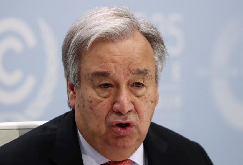 U.N. Secretary-General Antonio Guterres speaks during a news conference on the eve of the U.N. climate summit (COP25) in Madrid, Spain, December 1, 2019. REUTERS
