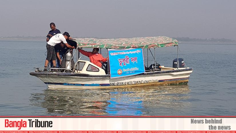 A BIWTA rescue boat at the collision spot of the estuary of Meghna and Dhaleshwari rivers