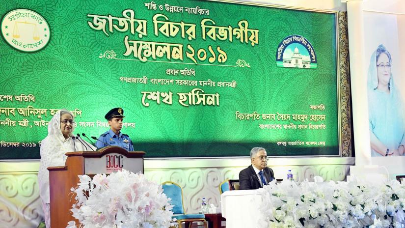 PM Sheikh Hasina speaking at the National Judicial Conference on Dec 7, 2019. Focus Bangla.