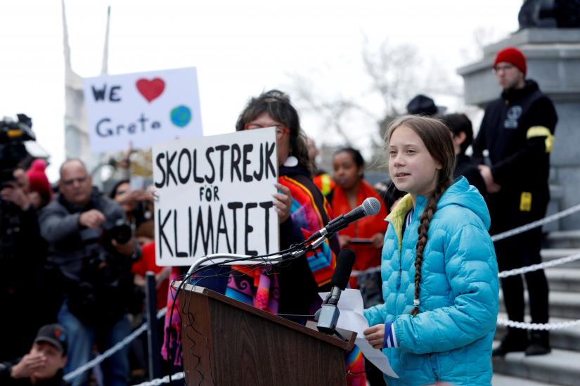 Swedish climate change teen activist Greta Thunberg speaks during a climate strike at the Alberta Legislature in Edmonton, Alberta, Canada October 18, 2019. REUTERS/File Photo
