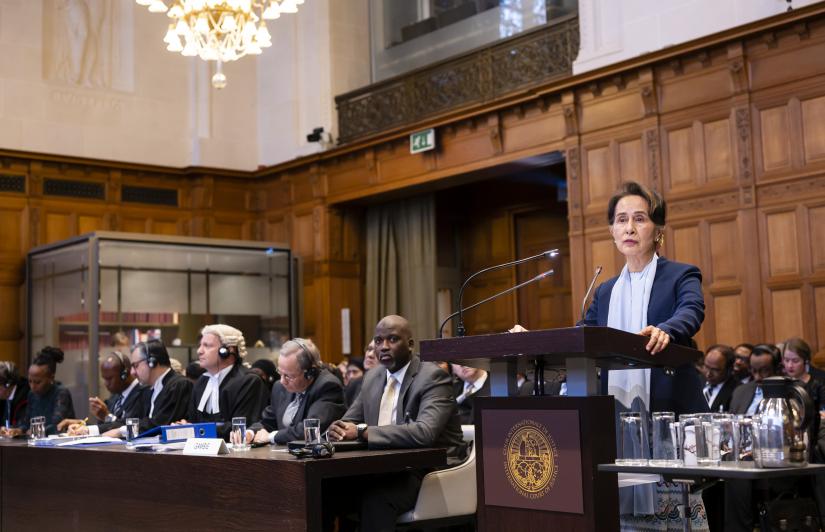 Myanmar`s leader Aung San Suu Kyi speaks on the second day of hearings in a case filed by Gambia against Myanmar alleging genocide against the minority Muslim Rohingya population, at the International Court of Justice (ICJ) in The Hague, Netherlands December 11, 2019. ICJ.