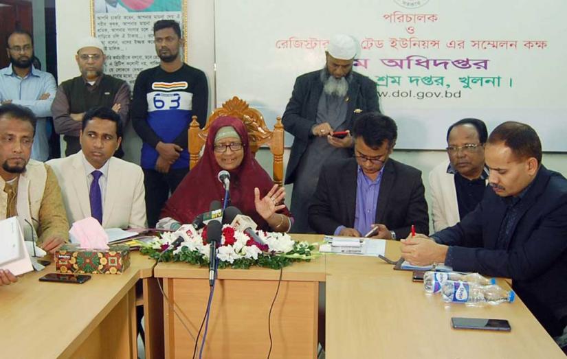 State Minister for Labor and Employment Begum Monnujan Sufian addresses a tripartite meeting in Khulna on Saturday (Dec 14).