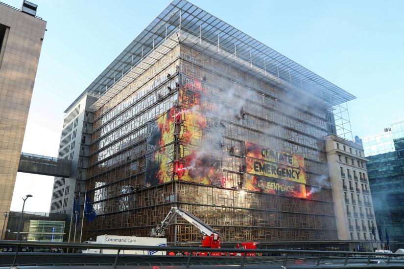 A general view of the EU Council headquarters, during a Greenpeace protest, ahead of an EU leaders summit in Brussels, Belgium December 12, 2019. REUTERS