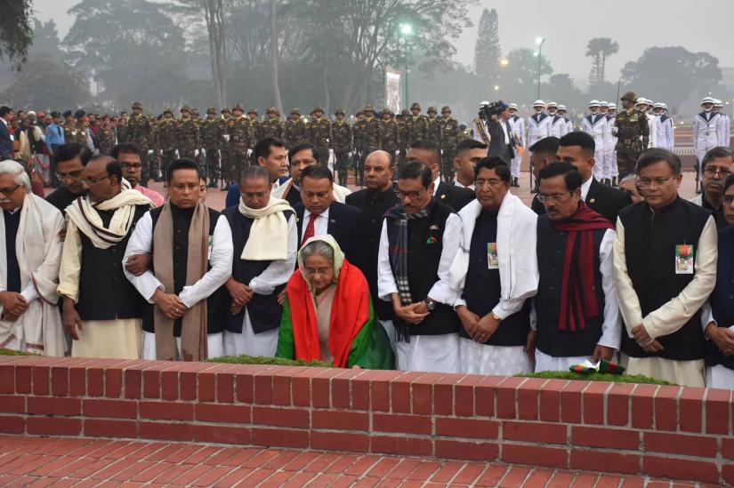 Flanked by senior leaders of the party, Sheikh Hasina, also the Awami League president, laid another wreath at the National Memorial as the party chief.