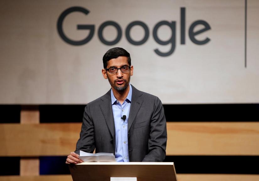FILE PHOTO: Google CEO Sundar Pichai speaks during signing ceremony committing Google to help expand information technology education at El Centro College in Dallas, Texas, US Oct 3, 2019. REUTERS