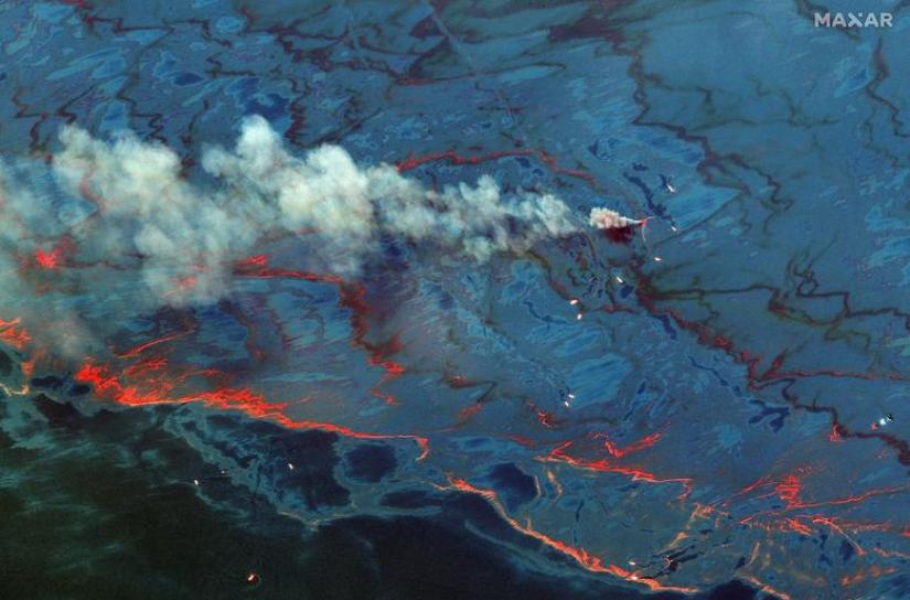 An oil spill in the Gulf of Mexico is seen in this WorldView-2 multi-spectral handout image taken June 10, 2010 and released on Dec 24, 2019 by Maxar Technologies. Maxar Technologies/Handout via REUTERS