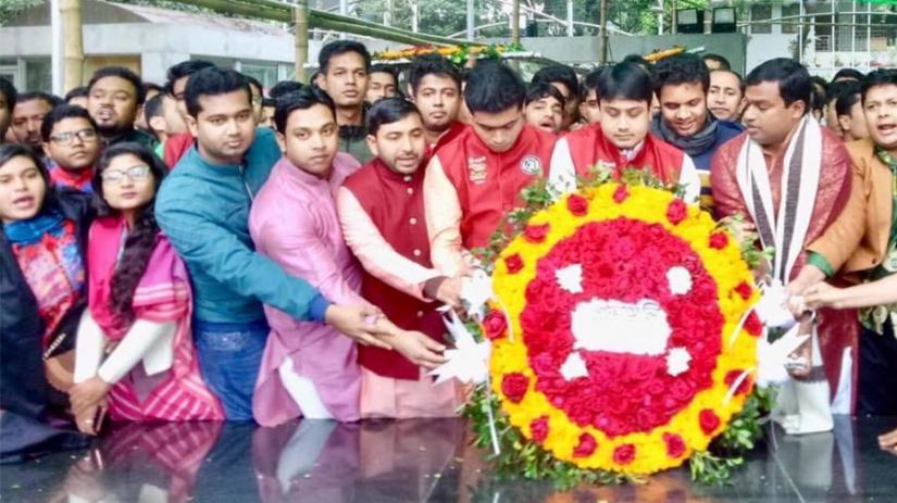 BCL leaders is placing of wreath at the portrait of Bangabandhu at Dhanmondi on its 72nd founding anniversary on Jan 4