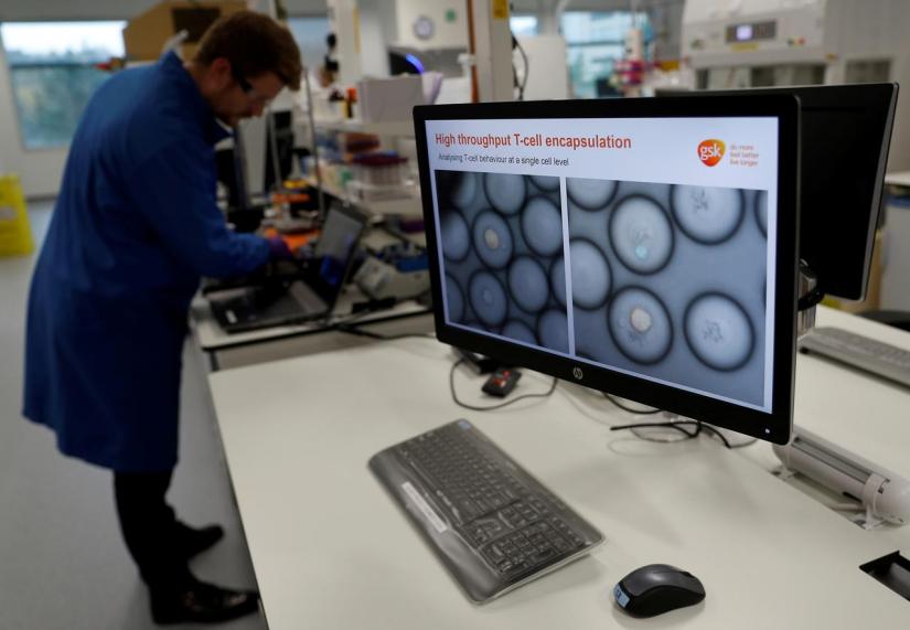 FILE PHOTO: A scientist studies cancer cells inside white blood cells through a microscope at the GlaxoSmithKline (GSK) research centre in Stevenage, Britain Nov 26, 2019. REUTERS