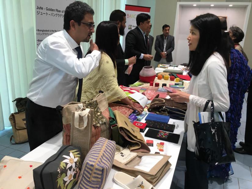 This June 2018 photo shows Bangladesh stall displaying jute-produced products in Tokyo Lifestyle Fair. PHOTO/Bangladesh mission in Tokyo