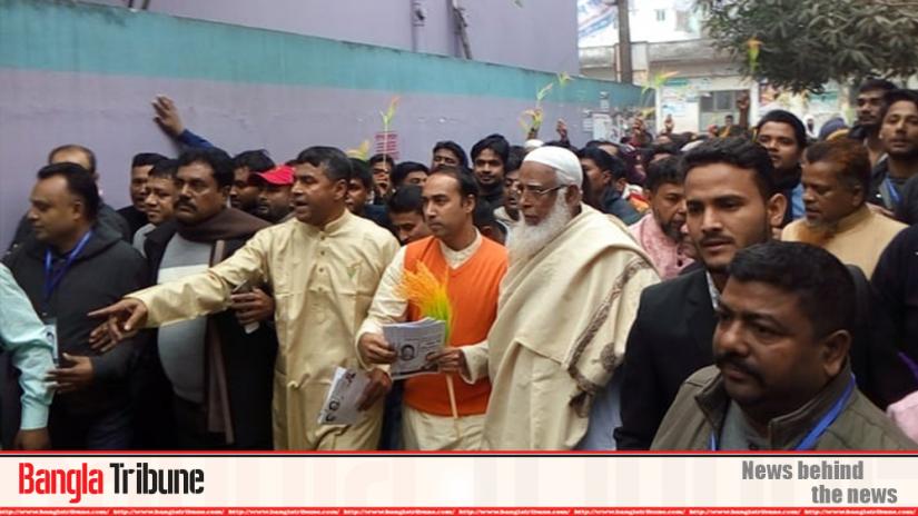 BNP mayoral candidate Tabith Mohammad Awal is electioneering at the capital`s Uttara on Jan 11