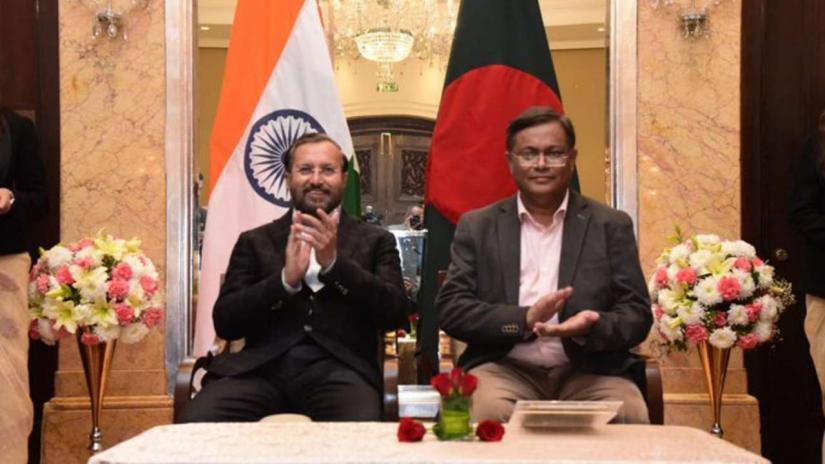 India`s Union Minister of Information and Broadcasting Prakash Javadekar and Bangladesh Information Minister Mohammad Hasan Mahmud. TWITTER/@PrakashJavdekar