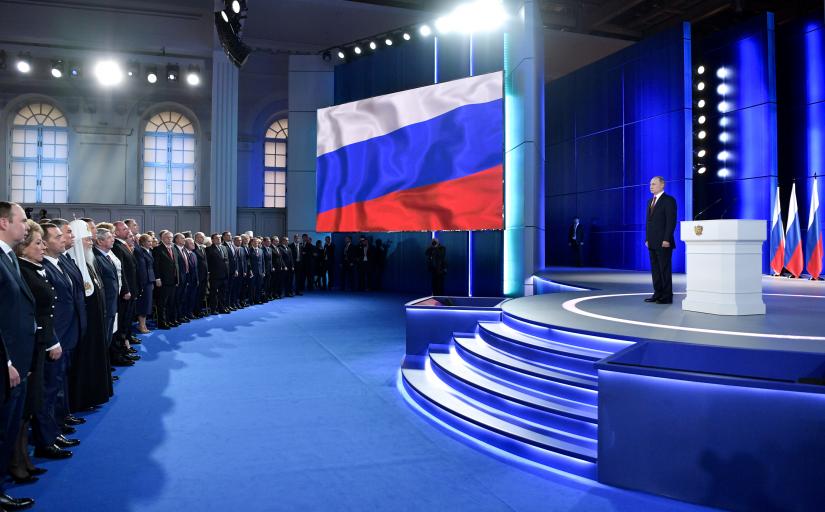 Russian President Vladimir Putin listens to the national anthem after delivering his annual address to the Federal Assembly in Moscow, Russia January 15, 2020. Sputnik/Alexey Nikolsky/Kremlin via REUTERS