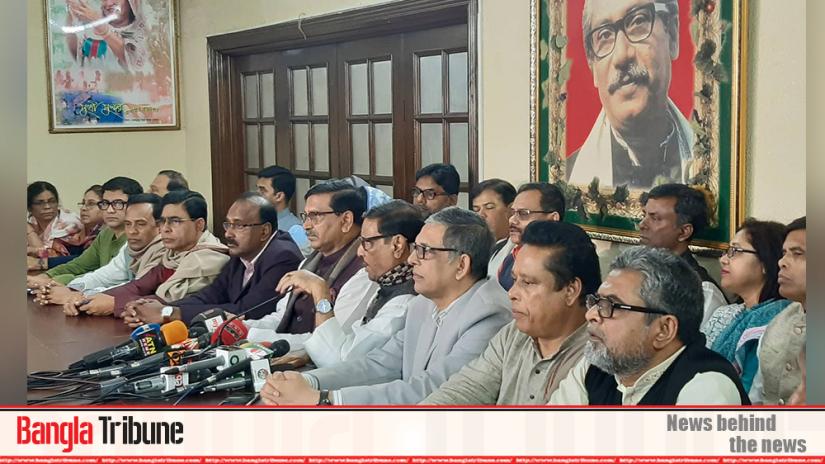 General Secretary Obaidul Quader is addressing media at the party chief’s Dhanmondi offices in Dhaka on Friday (Jan 17).
