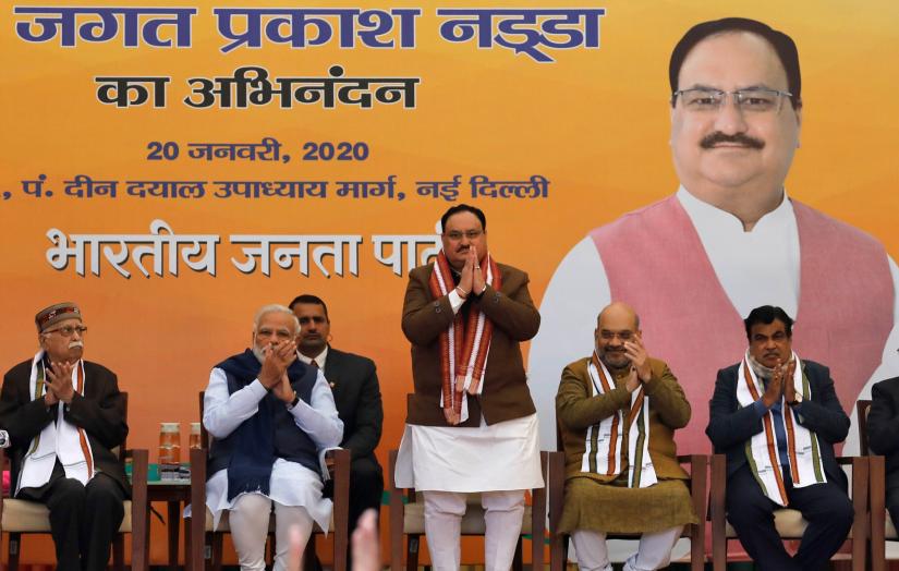 Jagat Prakash Nadda (C), newly elected President of India`s ruling Bharatiya Janata Party (BJP), gestures after taking charge as the president during a ceremony at the party`s headquarters in New Delhi, India, January 20, 2020. REUTERS
