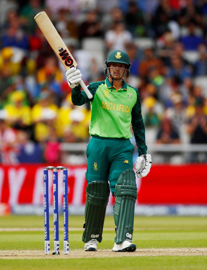 Cricket - ICC Cricket World Cup - Australia v South Africa - Old Trafford, Manchester, Britain - July 6, 2019 South Africa`s Quinton de Kock celebrates a half century Action Images via Reuters/File Photo
