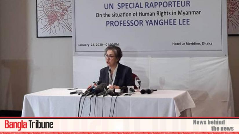 Special Rapporteur on the situation of human rights in Myanmar Yanghee Lee addresses a press conference at a Dhaka hotel on Thursday (Jan 23, 2020).