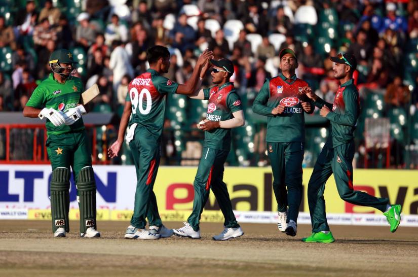 Bangladeshi fielders celebrating a Pakistani dismissal during the first T20I in Lahore on Jan 24, 2020. Photo: BCB