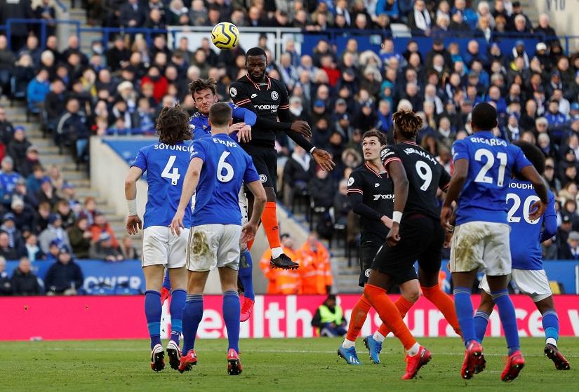 Soccer Football - Premier League - Leicester City v Chelsea - King Power Stadium, Leicester, Britain - Feb 1, 2020 Chelsea`s Antonio Rudiger scores their second goal Action Images via Reuters