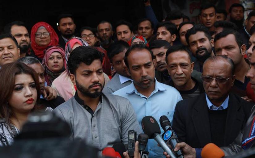 BNP’s Dhaka North mayoral candidate Tabith Awal and Dhaka South’s Ishraque Hossain speaking to the media on Sunday (Feb 2).