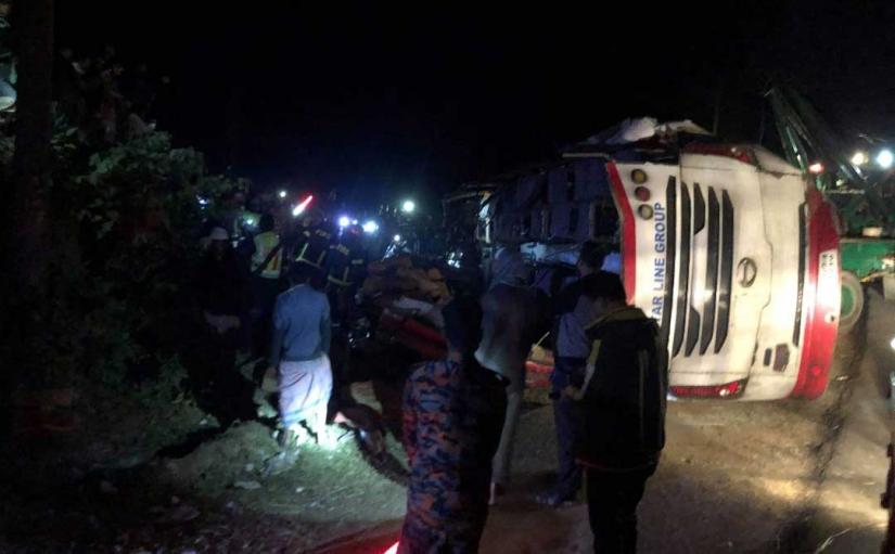 Wreckage of the bus which veered off the highway near Baniarchhara area of Chittagong-Cox’s Bazar highway Friday, February 7, 2020.