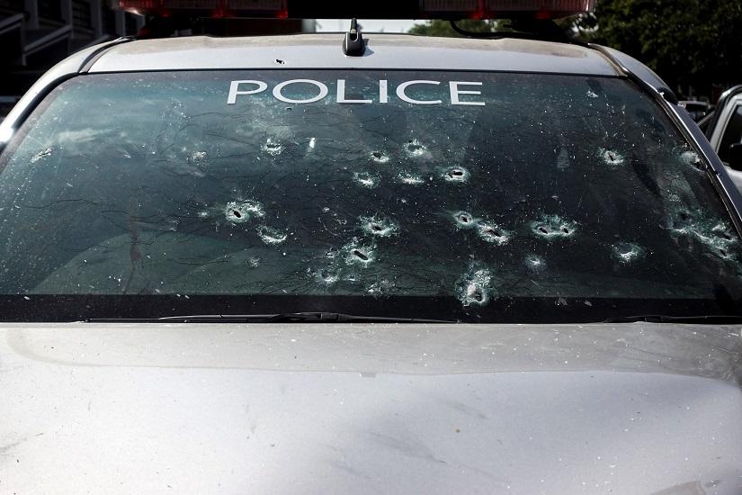 Bullet holes are pictured on the window of a victim`s car following a gun battle involving a Thai soldier on a shooting rampage, in Nakhon Ratchasima, Thailand, Feb 9, 2020. REUTERS