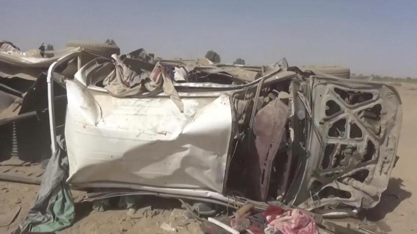 A destroyed vehicle is seen after an air strike in Al-Jawf province, Yemen, Feb 15, 2020 in this still image taken from a video. Houthi Media Centre/via REUTERS