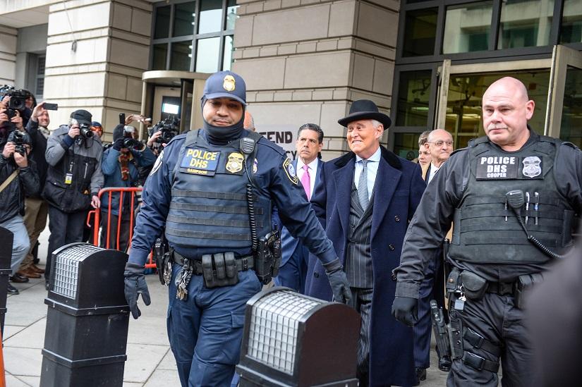 Former Trump campaign adviser Roger Stone departs following his sentencing hearing at U.S. District Court in Washington, US, Feb 20, 2020. REUTERS