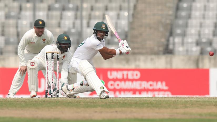 Bangladesh opener Nazmul Hossain Shanto play a shot against Zimbabwe during their Test match at SBNS on Sunday (Feb 23). MI Manik