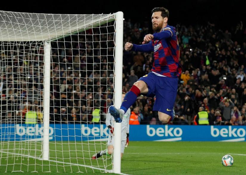 Soccer Football - La Liga Santander - FC Barcelona v Real Sociedad - Camp Nou, Barcelona, Spain - Mar 7, 2020 Barcelona`s Lionel Messi celebrates scoring their first goal REUTERS