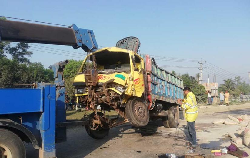 Wreckage of a truck after an accident on Dhaka-Tangail highway in Tangail on Saturday, March 28, 2020